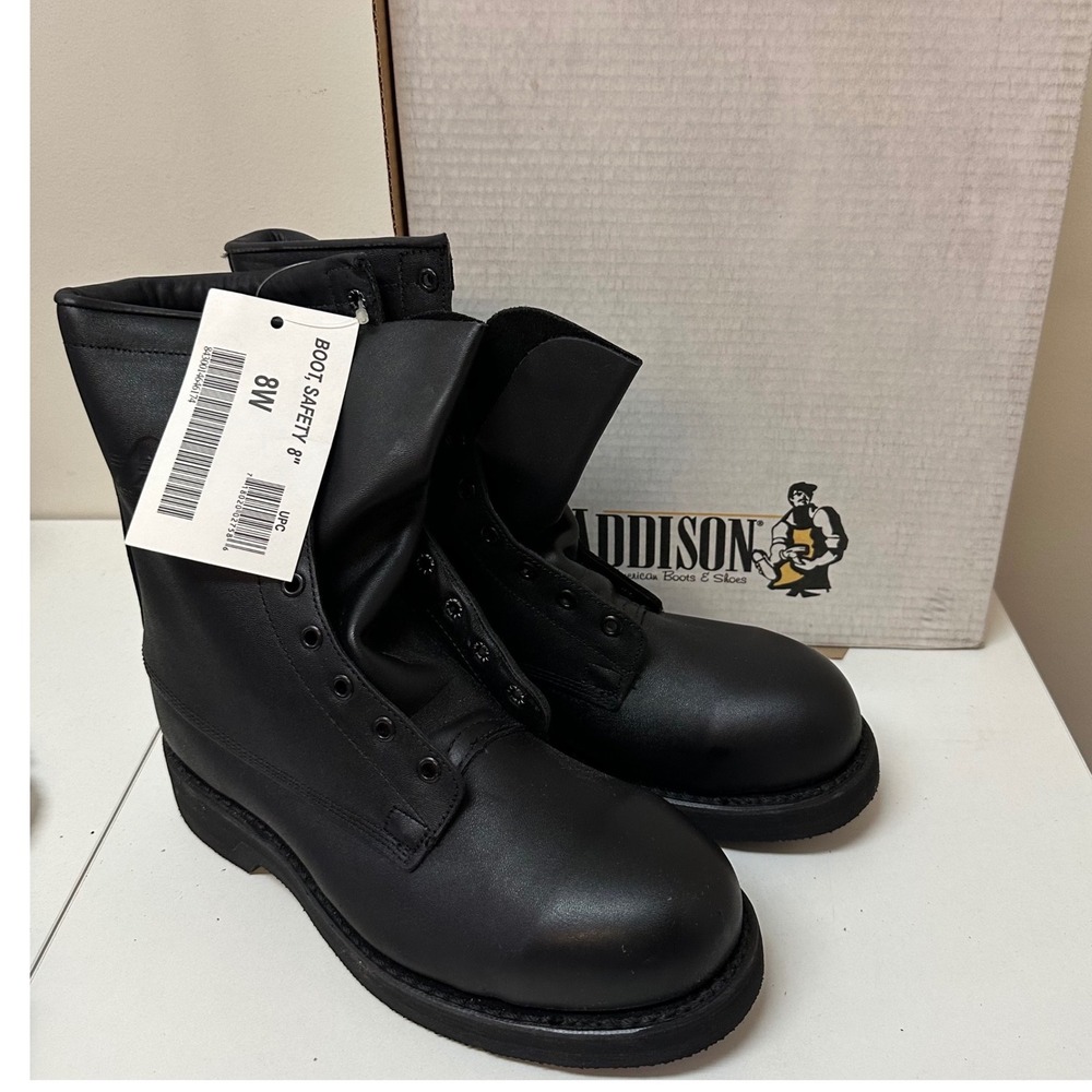 Addison Shoe Company Mens 8W Black Leather 8 Inch Safety Boots Vibram USA Made
